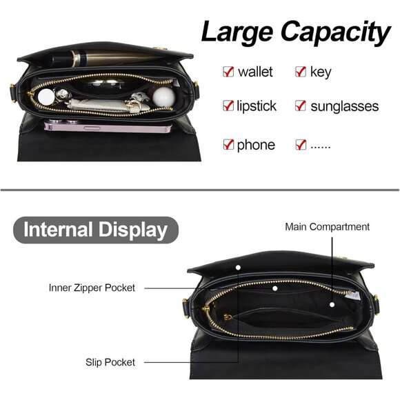 Women's Black Leather Satchel Small Classy Crossbody Bag Purse Fashion Handbag - Picture 3 of 7